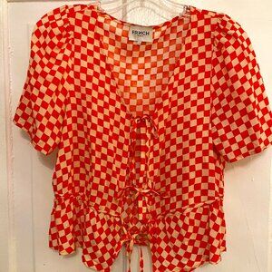 FRNCH Red and Cream Wavy Checkered Print Silky Tie Up Top